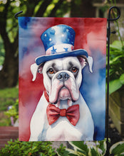 Load image into Gallery viewer, White Boxer Patriotic American Garden Flag – Dog in Uncle Sam Hat | Red, White &amp; Blue Outdoor Decor