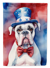 Load image into Gallery viewer, White Boxer Patriotic American Garden Flag – Dog in Uncle Sam Hat | Red, White &amp; Blue Outdoor Decor
