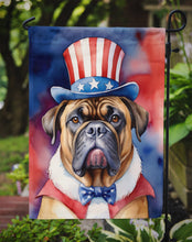 Load image into Gallery viewer, Bullmastiff Patriotic American Garden Flag – Dog in Uncle Sam Hat | Red, White &amp; Blue Outdoor Decor