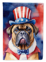 Load image into Gallery viewer, Bullmastiff Patriotic American Garden Flag – Dog in Uncle Sam Hat | Red, White &amp; Blue Outdoor Decor