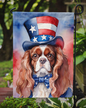 Load image into Gallery viewer, Cavalier Spaniel Patriotic American Garden Flag – Dog in Uncle Sam Hat | Red, White &amp; Blue Outdoor Decor