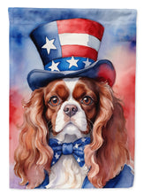 Load image into Gallery viewer, Cavalier Spaniel Patriotic American Garden Flag – Dog in Uncle Sam Hat | Red, White &amp; Blue Outdoor Decor