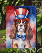 Load image into Gallery viewer, Cavalier Spaniel Patriotic American Garden Flag – Dog in Uncle Sam Hat | Red, White &amp; Blue Outdoor Decor