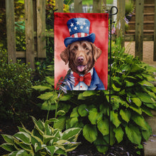 Load image into Gallery viewer, Chesapeake Bay Retriever Patriotic American Garden Flag – Dog in Uncle Sam Hat | Red, White &amp; Blue Outdoor Decor