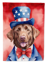 Load image into Gallery viewer, Chesapeake Bay Retriever Patriotic American Garden Flag – Dog in Uncle Sam Hat | Red, White &amp; Blue Outdoor Decor