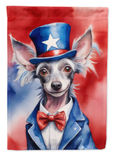 Load image into Gallery viewer, Chinese Crested Patriotic American Garden Flag – Dog in Uncle Sam Hat | Red, White &amp; Blue Outdoor Decor