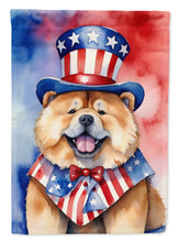 Load image into Gallery viewer, Chow Chow Patriotic American Garden Flag – Dog in Uncle Sam Hat | Red, White &amp; Blue Outdoor Decor