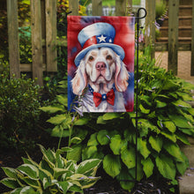 Load image into Gallery viewer, Clumber Spaniel Patriotic American Garden Flag – Dog in Uncle Sam Hat | Red, White &amp; Blue Outdoor Decor