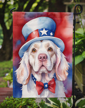 Load image into Gallery viewer, Clumber Spaniel Patriotic American Garden Flag – Dog in Uncle Sam Hat | Red, White &amp; Blue Outdoor Decor