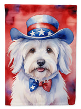 Load image into Gallery viewer, Coton de Tulear Patriotic American Garden Flag – Dog in Uncle Sam Hat | Red, White &amp; Blue Outdoor Decor