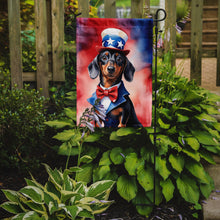 Load image into Gallery viewer, Dachshund Patriotic American Garden Flag – Dog in Uncle Sam Hat | Red, White &amp; Blue Outdoor Decor