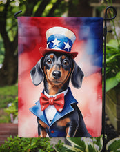 Load image into Gallery viewer, Dachshund Patriotic American Garden Flag – Dog in Uncle Sam Hat | Red, White &amp; Blue Outdoor Decor