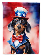 Load image into Gallery viewer, Dachshund Patriotic American Garden Flag – Dog in Uncle Sam Hat | Red, White &amp; Blue Outdoor Decor