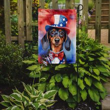 Load image into Gallery viewer, Dachshund Patriotic American Garden Flag – Dog in Uncle Sam Hat | Red, White &amp; Blue Outdoor Decor