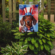 Load image into Gallery viewer, Dachshund Patriotic American Garden Flag – Dog in Uncle Sam Hat | Red, White &amp; Blue Outdoor Decor