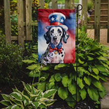 Load image into Gallery viewer, Dalmatian Patriotic American Garden Flag – Dog in Uncle Sam Hat | Red, White &amp; Blue Outdoor Decor