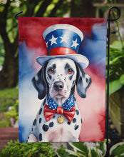 Load image into Gallery viewer, Dalmatian Patriotic American Garden Flag – Dog in Uncle Sam Hat | Red, White &amp; Blue Outdoor Decor