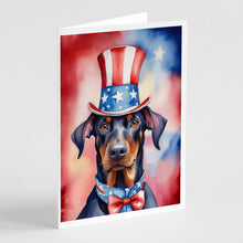 Load image into Gallery viewer, Doberman Pinscher Patriotic American Greeting Cards - Blank Note Cards – 8-Pack of Artist-Designed Cards with Envelopes