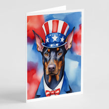 Load image into Gallery viewer, Doberman Pinscher Patriotic American Greeting Cards - Blank Note Cards – 8-Pack of Artist-Designed Cards with Envelopes