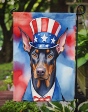 Load image into Gallery viewer, Doberman Pinscher Patriotic American Garden Flag – Dog in Uncle Sam Hat | Red, White &amp; Blue Outdoor Decor