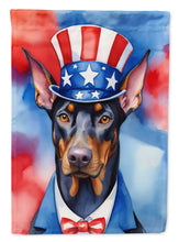 Load image into Gallery viewer, Doberman Pinscher Patriotic American Garden Flag – Dog in Uncle Sam Hat | Red, White &amp; Blue Outdoor Decor