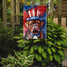 Load image into Gallery viewer, Dogue de Bordeaux Patriotic American Garden Flag – Dog in Uncle Sam Hat | Red, White &amp; Blue Outdoor Decor