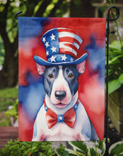 Load image into Gallery viewer, English Bull Terrier Patriotic American Garden Flag – Dog in Uncle Sam Hat | Red, White &amp; Blue Outdoor Decor