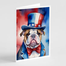 Load image into Gallery viewer, English Bulldog Patriotic American Greeting Cards - Blank Note Cards – 8-Pack of Artist-Designed Cards with Envelopes