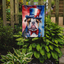 Load image into Gallery viewer, English Bulldog Patriotic American Garden Flag – Dog in Uncle Sam Hat | Red, White &amp; Blue Outdoor Decor