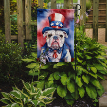 Load image into Gallery viewer, English Bulldog Patriotic American Garden Flag – Dog in Uncle Sam Hat | Red, White &amp; Blue Outdoor Decor