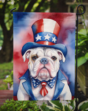 Load image into Gallery viewer, English Bulldog Patriotic American Garden Flag – Dog in Uncle Sam Hat | Red, White &amp; Blue Outdoor Decor