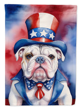 Load image into Gallery viewer, English Bulldog Patriotic American Garden Flag – Dog in Uncle Sam Hat | Red, White &amp; Blue Outdoor Decor