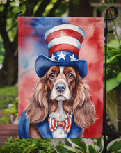 Load image into Gallery viewer, English Cocker Spaniel Patriotic American Garden Flag – Dog in Uncle Sam Hat | Red, White &amp; Blue Outdoor Decor