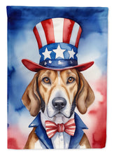 Load image into Gallery viewer, English Foxhound Patriotic American Garden Flag – Dog in Uncle Sam Hat | Red, White &amp; Blue Outdoor Decor