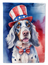 Load image into Gallery viewer, English Setter Patriotic American Garden Flag – Dog in Uncle Sam Hat | Red, White &amp; Blue Outdoor Decor