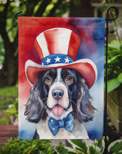Load image into Gallery viewer, English Springer Spaniel Patriotic American Garden Flag – Dog in Uncle Sam Hat | Red, White &amp; Blue Outdoor Decor