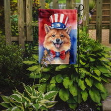 Load image into Gallery viewer, Finnish Spitz Patriotic American Garden Flag – Dog in Uncle Sam Hat | Red, White &amp; Blue Outdoor Decor