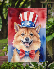 Load image into Gallery viewer, Finnish Spitz Patriotic American Garden Flag – Dog in Uncle Sam Hat | Red, White &amp; Blue Outdoor Decor