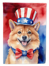 Load image into Gallery viewer, Finnish Spitz Patriotic American Garden Flag – Dog in Uncle Sam Hat | Red, White &amp; Blue Outdoor Decor