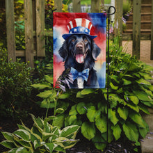 Load image into Gallery viewer, Flat-Coated Retriever Patriotic American Garden Flag – Dog in Uncle Sam Hat | Red, White &amp; Blue Outdoor Decor