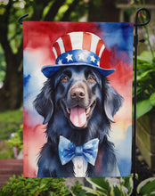 Load image into Gallery viewer, Flat-Coated Retriever Patriotic American Garden Flag – Dog in Uncle Sam Hat | Red, White &amp; Blue Outdoor Decor