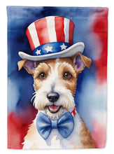 Load image into Gallery viewer, Fox Terrier Patriotic American Garden Flag – Dog in Uncle Sam Hat | Red, White &amp; Blue Outdoor Decor
