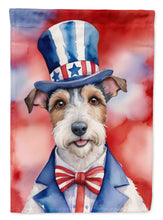 Load image into Gallery viewer, Fox Terrier Patriotic American Garden Flag – Dog in Uncle Sam Hat | Red, White &amp; Blue Outdoor Decor