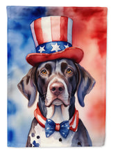 Load image into Gallery viewer, German Shorthaired Pointer Patriotic American Garden Flag – Dog in Uncle Sam Hat | Red, White &amp; Blue Outdoor Decor
