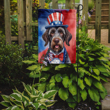 Load image into Gallery viewer, German Wirehaired Pointer Patriotic American Garden Flag – Dog in Uncle Sam Hat | Red, White &amp; Blue Outdoor Decor