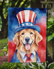 Load image into Gallery viewer, Golden Retriever Patriotic American Garden Flag – Dog in Uncle Sam Hat | Red, White &amp; Blue Outdoor Decor