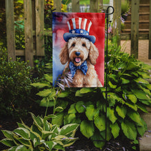 Load image into Gallery viewer, Goldendoodle Patriotic American Garden Flag – Dog in Uncle Sam Hat | Red, White &amp; Blue Outdoor Decor