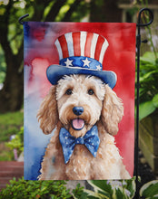 Load image into Gallery viewer, Goldendoodle Patriotic American Garden Flag – Dog in Uncle Sam Hat | Red, White &amp; Blue Outdoor Decor