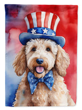 Load image into Gallery viewer, Goldendoodle Patriotic American Garden Flag – Dog in Uncle Sam Hat | Red, White &amp; Blue Outdoor Decor
