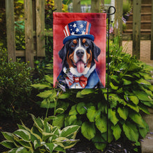 Load image into Gallery viewer, Greater Swiss Mountain Dog Patriotic American Garden Flag – Dog in Uncle Sam Hat | Red, White &amp; Blue Outdoor Decor